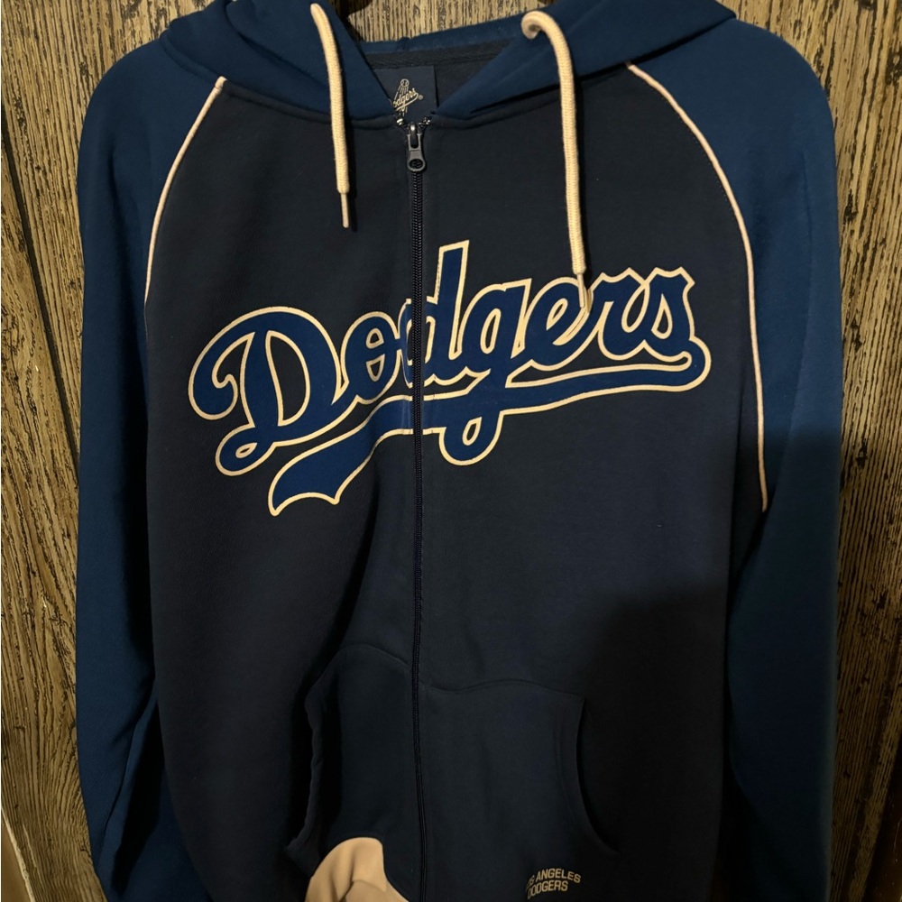 Dodgers Men's Navy and Beige Zip-Up Hoodie